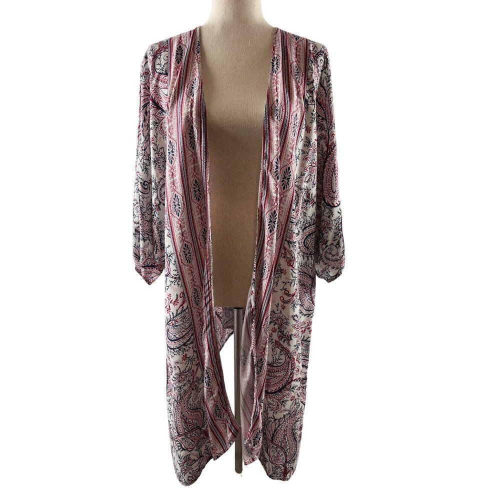 Knox Rose Paisley Kimono Lace Up Back White Red XS Oversized Rayon Bohemian Boho